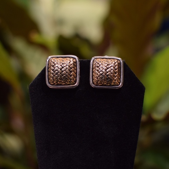 Vintage Silver & Copper Tone Basket Weave Square Clip-On Earrings - Picture 1 of 4